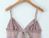Purpdrank  Sexy Plaid Print Chiffon Lacing up Backless Camisole Tank Top + Zipper Low Waist Knee Length Mermaid Skirt 2 Pieces 1 Set