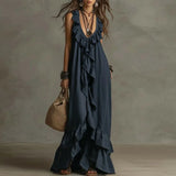 Purpdrank  Women's Boho Ruffle Irregular Hem Maxi Dress Spring Deep V Neck Loose Party Long Dresses New Summer Sleeveless Solid Beach Dress