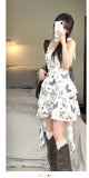 Purpdrank   French Style Tea Break Butterfly Floral Lace Trim Halter Dress Women's Summer Slimming Short Skirt Waist Cinched Midi Dress