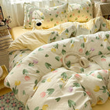 Purpdrank   Cotton and Linen Printing Bedding Set Cartoon Skin-Friendly All-Season Bedclothes Soft Single Quilt Cover Kit with Fitted Sheet