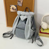 Purpdrank  New Striped Rabbit Ear Backpack Fashion Women Simple Versatile Grey Casual Travel School Bag Large Capacity Commuting Backpack