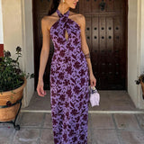 Purpdrank  Summer Sexy Halter Sleeveless Long Dress Women's Elegant Floral Print Boho Dress Fashion High Waist Hollow Out Party Dress