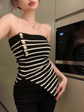 Purpdrank  Sweet and Spicy Tube Top for Women Spring Summer Slash Neck Strapless Knitted Bottom Top Sexy Split Slim Stripes Outer Wear