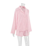 Purpdrank  Autumn Trend Retro Plaid Cardigan Long-sleeved Shorts Two-piece Foreign Trade Comfortable Home Wear