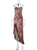 Purpdrank  Women's Elegant Floral Print Halter Neck Bodycon Midi Dress Ruffle Hem High Slit Party Dress