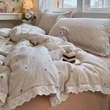 Purpdrank  Korean Style Girly Heart Floral Double Layer Gauze Four-Piece Set Princess Style Lace Trim Quilt Cover Bed Sheet Dormitory