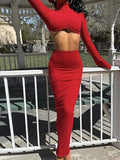 Purpdrank  Women Long Sleeve Knit Crop Top Slim Fitted Bodycon Long Skirt Set Clubwear Outfit