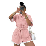 Purpdrank  Streetwear Turnn-down Collar Short Sleeve Casual Jumpsuit Women High Waist Button One Piece Playsuit Womens Romper with Sashes
