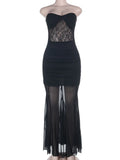 Purpdrank  Women's Elegant Black Strapless Bodycon Maxi Dress Lace Insert Mesh Mermaid Formal Party Cocktail Night Out