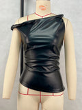 Purpdrank  Women PU Leather One Shoulder Top Sexy Casual Party Wear