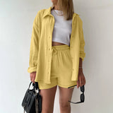 Purpdrank  Summer Cotton Linen High Waist Shirt Shorts Women Turn Down Collar Long Sleeve Tops and Shorts Suit Cotton Casual Two Piece Sets