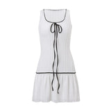 Purpdrank  y2k Dress Women Summer Lace Patchwork Sleeveless Tie-up Front Ruffle Pleated Mini Dress 2000s Evening Party Dresses