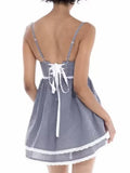 Purpdrank  Sexy Plaid Spliced Embroidery Lace Bra Corset style Mini Dress Women Bow Lacing up Backless Party Skater Sling Robe Holiday