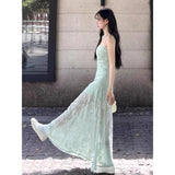 Purpdrank  Elegant Green Strapless Dress Beach Vacation Style Women's Summer Slimming A-Line Long Skirt Soft Fabric All-Season Citywalk