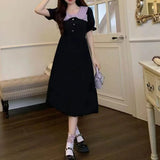 Purpdrank  Women's Summer New Lively Cute Sweet Spliced Bow Peter Pan Collar Button Solid Corset A-line Slim Short Sleeve Midi Dresses