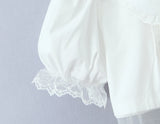 Purpdrank  Stylish White Spliced Lace Short Puff Sleeve Shirt Women Peter Pan Collar Bow Hem Loose Crop Tops