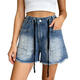Purpdrank  Women's Blush Denim Shorts High Waist Frayed Hem Drawstring Casual Summer Jean Shorts American Retro Wide Leg A Line Hot Pants