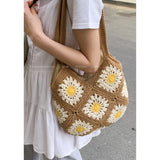 Purpdrank  Ethnic Style Sunflower Woven Bag for Women New Fashionable Tote Vacation Style Beach Bags