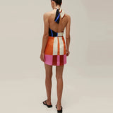 Purpdrank  Elegant Print Halter Sleeveless Resort Party Dress Summer Sexy Waist Slim Mini Dress Women Casual Hollow Linen Short Dress