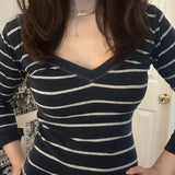 Purpdrank  Vintage T-shirt Women Autumn Rib Knitted V Neck Crop Tops Cottage Cyber Grunge Striped Long Sleeve Pullovers Tees Y2k Streetwear