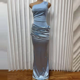 Purpdrank  Lady Elegant Sleeveless Dress Fashion Asymmetry Slash Collar Spliced Satin Dress Summer New Solid Color Hollow Out Evening Dress