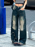 Purpdrank  High Street Denim Women's Long Trousers Retro Star Hollow Out Female Wide-leg Trousers Vintage High Waist Pockets Lady Pants