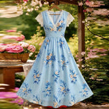 Purpdrank  New Summer Sweet Floral Printed A-Line Dress Elegant Women Lace V-Neck Short Sleeve Long Dress Fashion Fluttering Bohemian Dress
