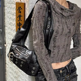 Purpdrank  Belt buckle Women PU Rivet Multiple Pockets Shoulder Bag for Women Y2k Gothic Aged Leather New Designer Luxury Fashion Tote Bag
