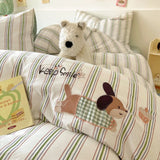 Purpdrank  Cute Cartoon Embroidery Stripe Bedding Set Washed Cotton Soft Four Piece Sets Pillowcase Duvet Cover Set 200x230cm Home Textiles