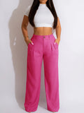 Purpdrank  Women Casual Loose Straight Pants High Waisted Button Wide Leg Trousers Pleated Long Culottes Pants Elastic Trouser with Pockets