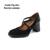 Purpdrank - Mary Jane Shoes 2023 Autumn New Vintage Style Elegant High Heels Square Head Shallow Mouth Cross Buckle Shoes Women