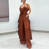 Purpdrank  Casual Chiffon Ruffles Pants Women's 2 Piece Sets V-neck Sleeveless Split Tops Loose Wide Leg Trousers 2025 Summer Lady Outfits