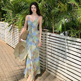 Purpdrank  Real Shot Tea Break French Style Floral Strap Dress Summer New V-neck Backless Waist-cinching Long Dress