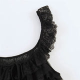 Purpdrank  Creamy Lace Ruffled Layered Strappy Top Women Blouses Vintage Sleeveless O Neck Cropped Camisole Boho Beach Sheer Tanks Tops