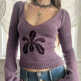 Purpdrank  Autumn Korean Casual All Match V Neck Long Sleeve Slim Flower Jacquard Knitted Pullover