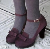 Purpdrank  Women Pumps Flock Round Toe Chunky High Heels Bownot Plus Size 41 42 43 30 31 Party Female Shoes Summer