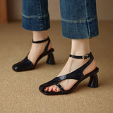 Purpdrank  NEW Summer Women Sandals Split Leather Shoes for Women Square Toe Kitten Heel Shoe Narrow Band Bcukle Strap Shoes Modern Sandals