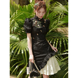 Purpdrank  Double Layer Bubble Sleeved Improved Cheongsam New Modern Chinese Style Slim Dress Elegant Embroidery Traditional Qipao