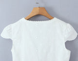 Purpdrank  Sexy White Embroidery Hole Lace Spliced Red Bow V neck Short Puff Sleeve Shirt Women Lacing Up Sashes Back side Zipper Crop Tops