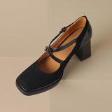 Purpdrank - Mary Jane Shoes 2023 Autumn New Vintage Style Elegant High Heels Square Head Shallow Mouth Cross Buckle Shoes Women
