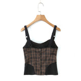 Purpdrank  Sexy Ruched Wire Bra Coffee Plaid Camis Women Spliced Black Mesh Waist Back Zipper Crop Top Camisoles Bra Tank Vest