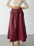 Purpdrank  Women's Angola Red Elastic Waist PU Leather Long Skirt, Elegant A-line Skirts, Ladies Fashion, Autumn, Winter