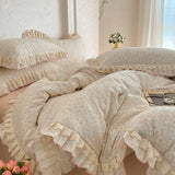 Purpdrank  3/4Pcs Korean Floral Lace Ruffles 100% Cotton Bedding Set Single Queen king Duvet Cover Set Flat/Fitted Bed Sheet Pillowcases