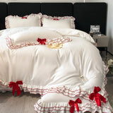 Purpdrank  Korean Style Lace Ruffles Princess Bedding Set, Duvet Cover, Bed Skirt, Fitted Sheet, Flat Sheet, Pillowcases, Black Bow, White