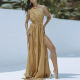 Purpdrank  Sexy Hollow Off Shoulder Solid Party Dress Women's Fashion Diagonal Neck Bikini Cover Up Dress New Beach Strap Split Long Dress