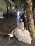 Purpdrank  Princess Style Floral Print Puffy Sleeve Short Dress Women's Summer Tea Break Waist Cinched Bubble Skirt City Walk Dress