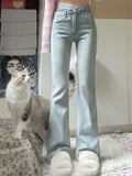 Purpdrank  Simple Female Flare Jeans Fashion Irregular Blue Autumn New Korean High Waist Women's Waist Slim Tight Hipper Office Lady Jeans