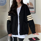 Purpdrank  Korean Style Black Cardigan Women Japanese Harajuku Fashion Knitted Autumn Sweater Preppy Striped Knitwear Oversized