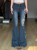 Purpdrank  Retro Floral Embroidery Jeans Vintage 2000s Low Rise Flared Jeans Streetwear y2k Slim-fitting Denim Pants Women Fashion