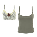 Purpdrank  Highstreet 2 pieces 1 Set Camisole Women 3D Flower Wood ears Lace V neck Skinny Tank Tops Cool Girl Sexy Slim Crop Top